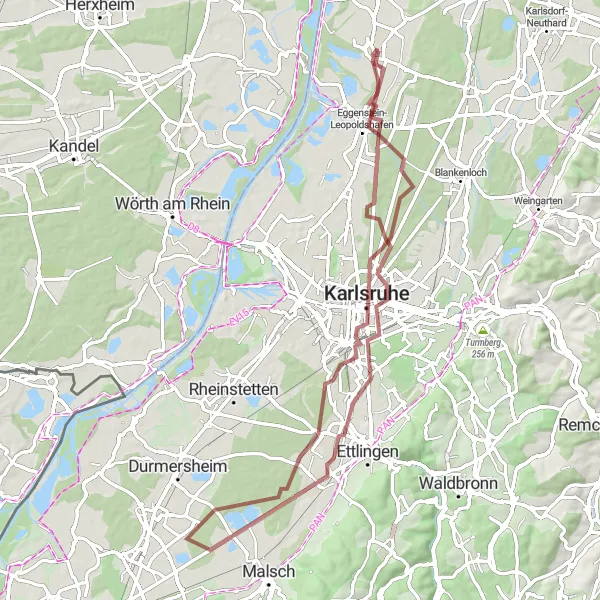 Map miniature of "Through Woodlands and Historical Sites" cycling inspiration in Karlsruhe, Germany. Generated by Tarmacs.app cycling route planner