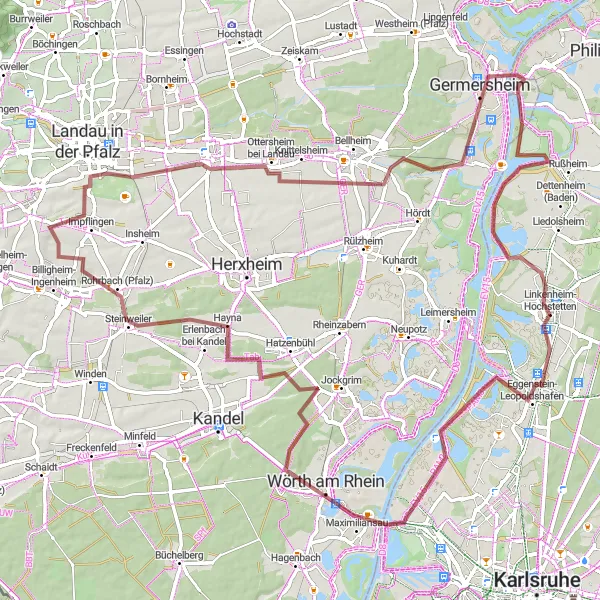 Map miniature of "Linkenheim-Hochstetten Roundtrip" cycling inspiration in Karlsruhe, Germany. Generated by Tarmacs.app cycling route planner