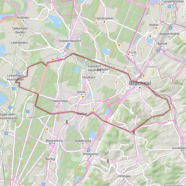 Map miniature of "Graben-Neudorf and Bruchsal Gravel Loop" cycling inspiration in Karlsruhe, Germany. Generated by Tarmacs.app cycling route planner