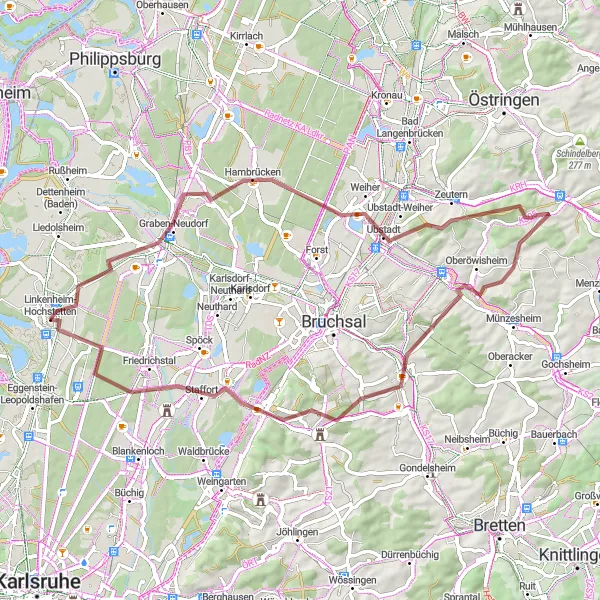 Map miniature of "Graben-Neudorf and Surrounding Gravel Adventure" cycling inspiration in Karlsruhe, Germany. Generated by Tarmacs.app cycling route planner