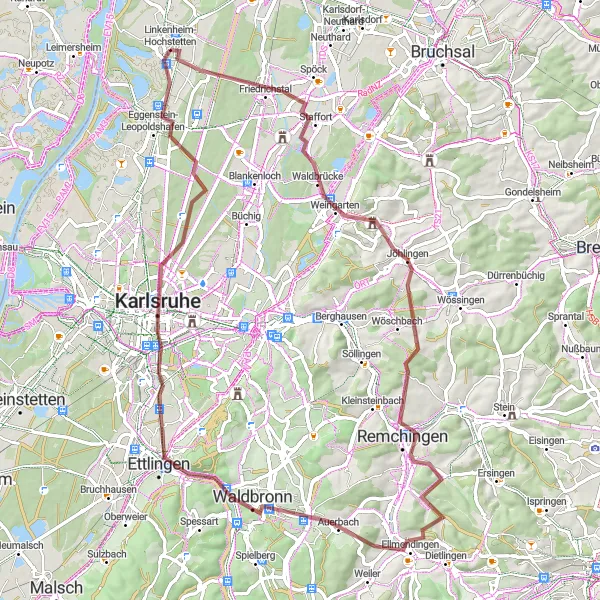 Karten-Miniaturansicht der Radinspiration "Weingarten und Naturpfade" in Karlsruhe, Germany. Erstellt vom Tarmacs.app-Routenplaner für Radtouren