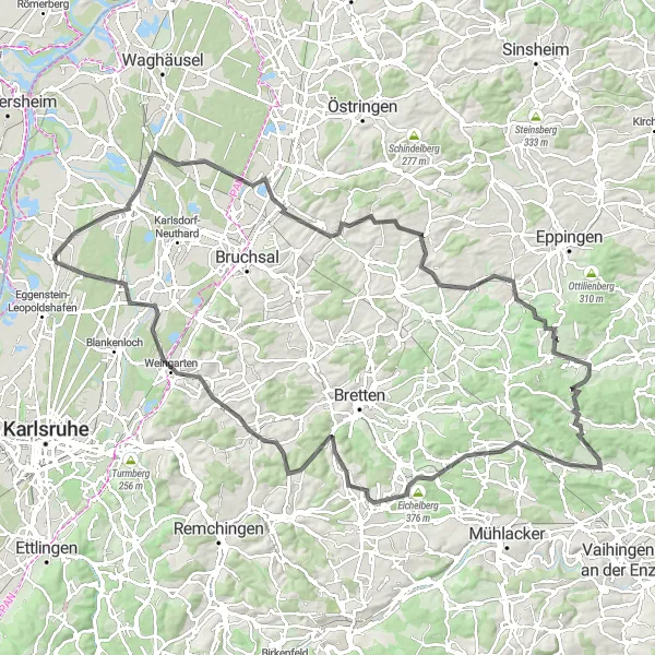 Karten-Miniaturansicht der Radinspiration "Historische Dörfer und malerische Landschaften" in Karlsruhe, Germany. Erstellt vom Tarmacs.app-Routenplaner für Radtouren