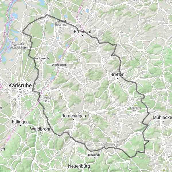 Map miniature of "Karlsruhe Extended Road Adventure" cycling inspiration in Karlsruhe, Germany. Generated by Tarmacs.app cycling route planner