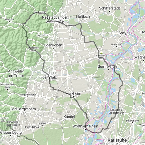 Karten-Miniaturansicht der Radinspiration "Von Linkenheim-Hochstetten nach Neustadt an der Weinstraße" in Karlsruhe, Germany. Erstellt vom Tarmacs.app-Routenplaner für Radtouren