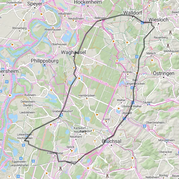 Map miniature of "Waghäusel Loop" cycling inspiration in Karlsruhe, Germany. Generated by Tarmacs.app cycling route planner