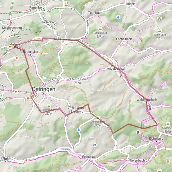 Map miniature of "Gravel Discovery: Angelbachtal to Östringen" cycling inspiration in Karlsruhe, Germany. Generated by Tarmacs.app cycling route planner