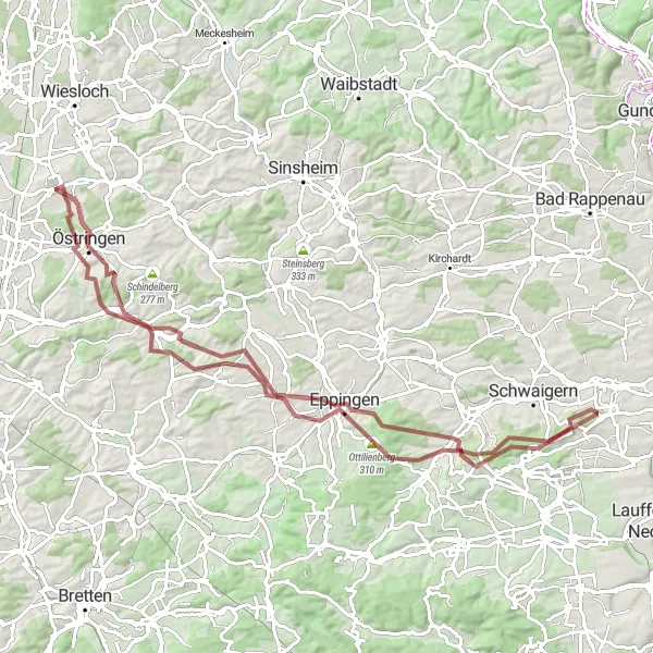 Map miniature of "Challenging Gravel Adventure" cycling inspiration in Karlsruhe, Germany. Generated by Tarmacs.app cycling route planner