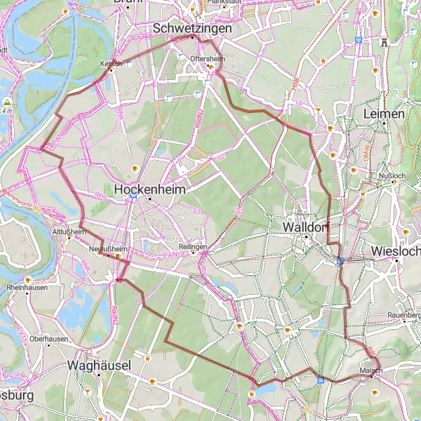 Map miniature of "Gravel Tour Around Malsch" cycling inspiration in Karlsruhe, Germany. Generated by Tarmacs.app cycling route planner