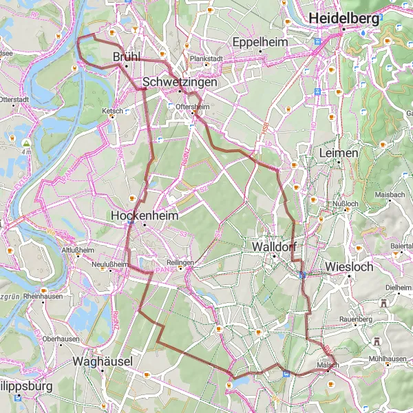 Map miniature of "Gravel Tour Around Karlsruhe" cycling inspiration in Karlsruhe, Germany. Generated by Tarmacs.app cycling route planner