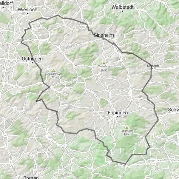 Map miniature of "Challenging Road Ride: Letzenberg to Östringen" cycling inspiration in Karlsruhe, Germany. Generated by Tarmacs.app cycling route planner