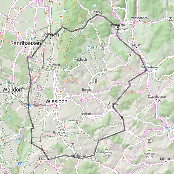 Map miniature of "Road Adventure: Leimen to Letzenberg" cycling inspiration in Karlsruhe, Germany. Generated by Tarmacs.app cycling route planner