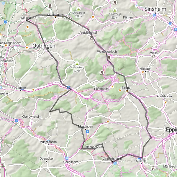 Map miniature of "Road Tour Around Karlsruhe" cycling inspiration in Karlsruhe, Germany. Generated by Tarmacs.app cycling route planner