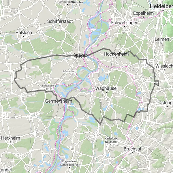 Map miniature of "Road Explorer: Rheinbalkon to Malschenberg" cycling inspiration in Karlsruhe, Germany. Generated by Tarmacs.app cycling route planner