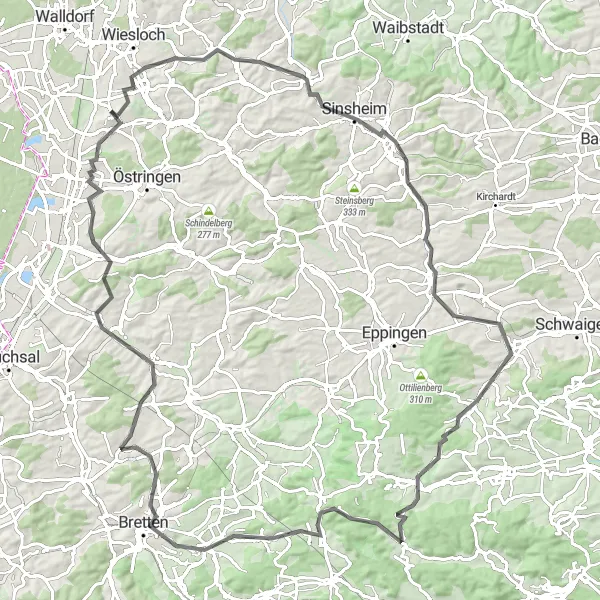 Karten-Miniaturansicht der Radinspiration "Road-Tour zu Spitzenberg und Münzesheim" in Karlsruhe, Germany. Erstellt vom Tarmacs.app-Routenplaner für Radtouren