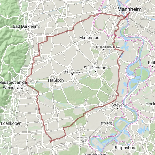 Map miniature of "Rhein Gravel" cycling inspiration in Karlsruhe, Germany. Generated by Tarmacs.app cycling route planner