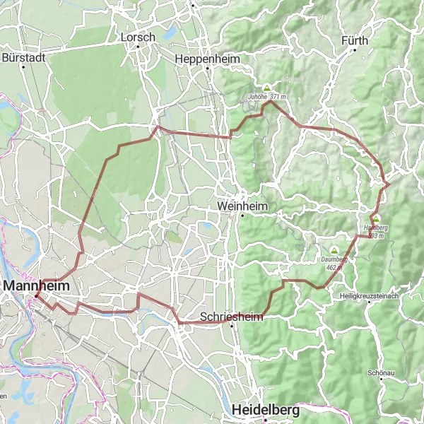 Map miniature of "Odenwald Gravel Challenge" cycling inspiration in Karlsruhe, Germany. Generated by Tarmacs.app cycling route planner