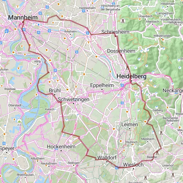 Map miniature of "Rhein-Neckar Valley Adventure" cycling inspiration in Karlsruhe, Germany. Generated by Tarmacs.app cycling route planner