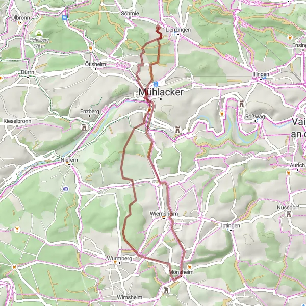 Map miniature of "Mönsheim Gravel Escape" cycling inspiration in Karlsruhe, Germany. Generated by Tarmacs.app cycling route planner