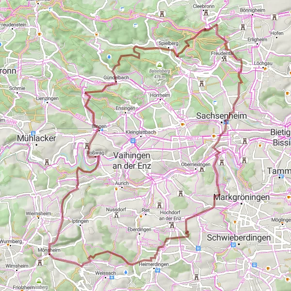 Map miniature of "Thrills and Scenic Wonders" cycling inspiration in Karlsruhe, Germany. Generated by Tarmacs.app cycling route planner