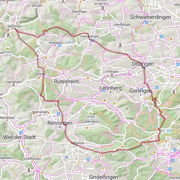 Map miniature of "Gravel Gems of Mönsheim" cycling inspiration in Karlsruhe, Germany. Generated by Tarmacs.app cycling route planner