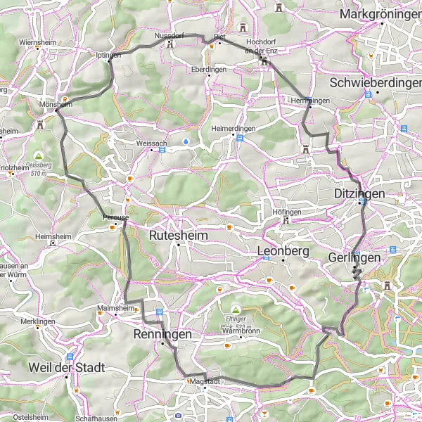Map miniature of "Road Cycling Adventure near Mönsheim" cycling inspiration in Karlsruhe, Germany. Generated by Tarmacs.app cycling route planner