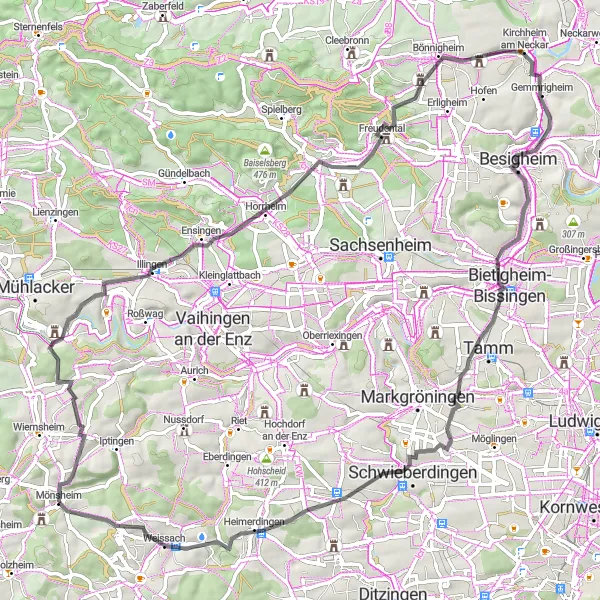 Map miniature of "Epic Road Cycling Adventure from Mönsheim" cycling inspiration in Karlsruhe, Germany. Generated by Tarmacs.app cycling route planner