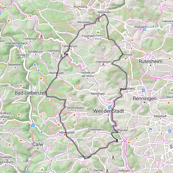 Map miniature of "Enjoying the Mönsheim Forest" cycling inspiration in Karlsruhe, Germany. Generated by Tarmacs.app cycling route planner