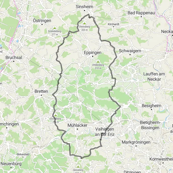 Karten-Miniaturansicht der Radinspiration "Abenteuerliche Radtour um Mönsheim" in Karlsruhe, Germany. Erstellt vom Tarmacs.app-Routenplaner für Radtouren