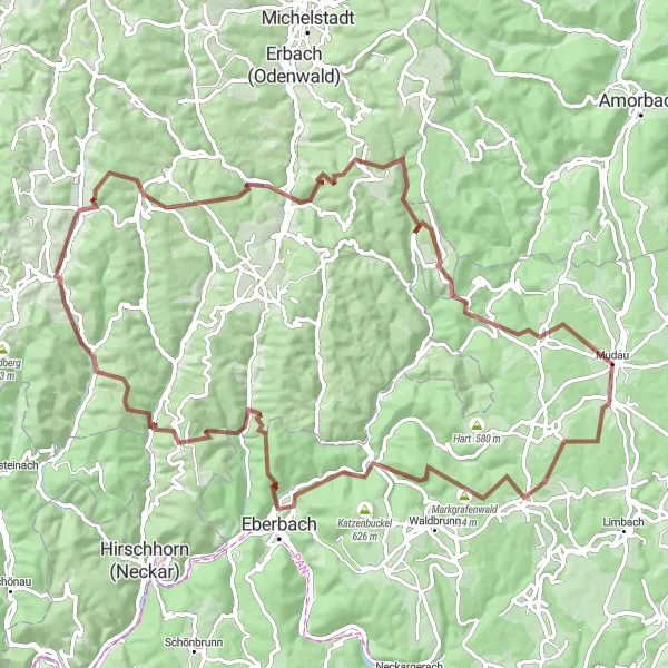 Karten-Miniaturansicht der Radinspiration "Gravel-Abenteuer im Odenwald" in Karlsruhe, Germany. Erstellt vom Tarmacs.app-Routenplaner für Radtouren