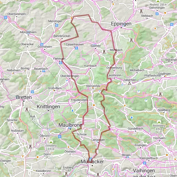 Karten-Miniaturansicht der Radinspiration "Malerische Gravel-Tour von Maulbronn nach Mühlacker" in Karlsruhe, Germany. Erstellt vom Tarmacs.app-Routenplaner für Radtouren