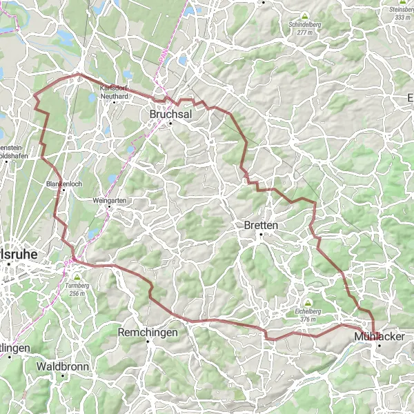 Karten-Miniaturansicht der Radinspiration "Gravel-Tour durch Bruchsal und Maulbronn" in Karlsruhe, Germany. Erstellt vom Tarmacs.app-Routenplaner für Radtouren