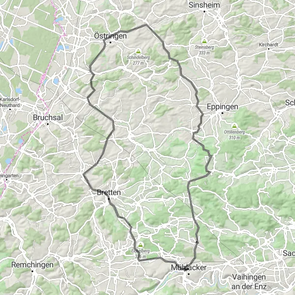 Karten-Miniaturansicht der Radinspiration "Panorama-Tour durch Östringen und Sternenfels" in Karlsruhe, Germany. Erstellt vom Tarmacs.app-Routenplaner für Radtouren