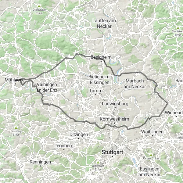Karten-Miniaturansicht der Radinspiration "Roadtrip zu den Besigheimer Weinbergen" in Karlsruhe, Germany. Erstellt vom Tarmacs.app-Routenplaner für Radtouren