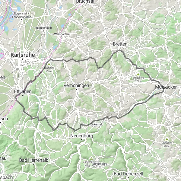 Karten-Miniaturansicht der Radinspiration "Panoramafahrt rund um Pforzheim" in Karlsruhe, Germany. Erstellt vom Tarmacs.app-Routenplaner für Radtouren