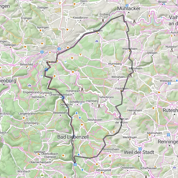 Karten-Miniaturansicht der Radinspiration "Rundweg durch Wiernsheimer Höhe" in Karlsruhe, Germany. Erstellt vom Tarmacs.app-Routenplaner für Radtouren
