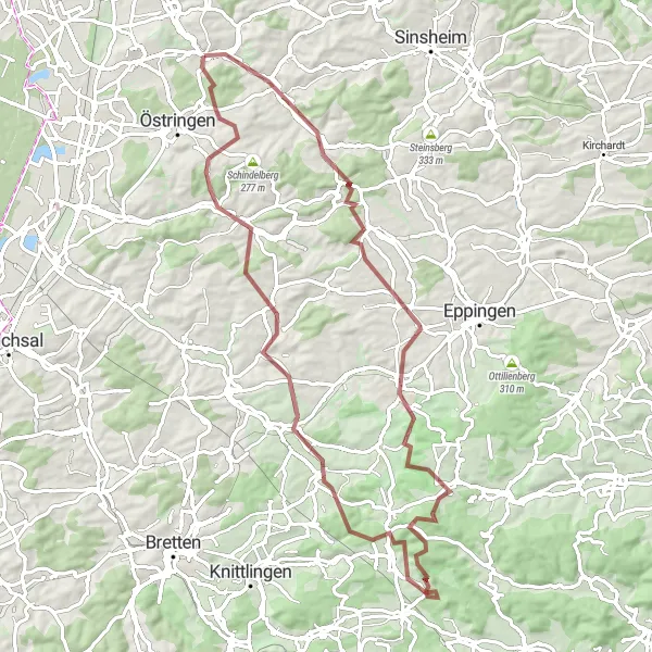 Map miniature of "Gravel Adventure: The Countryside Loop" cycling inspiration in Karlsruhe, Germany. Generated by Tarmacs.app cycling route planner