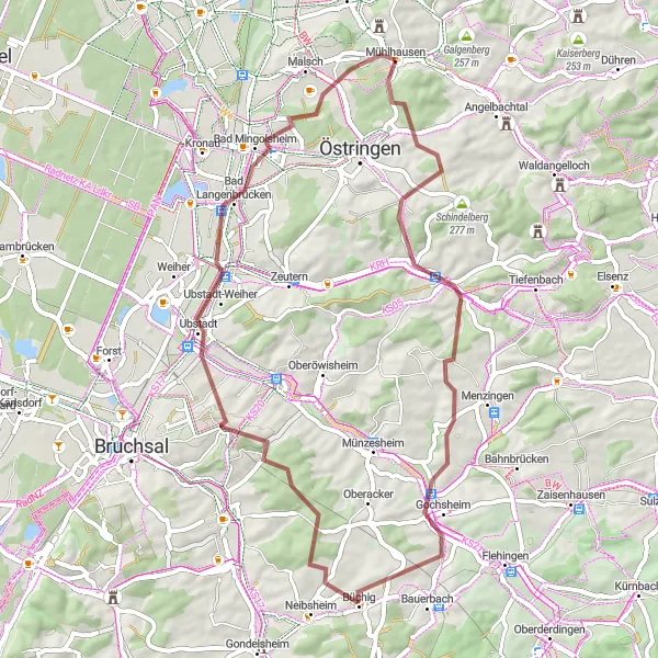 Map miniature of "Charming Gravel Ride" cycling inspiration in Karlsruhe, Germany. Generated by Tarmacs.app cycling route planner
