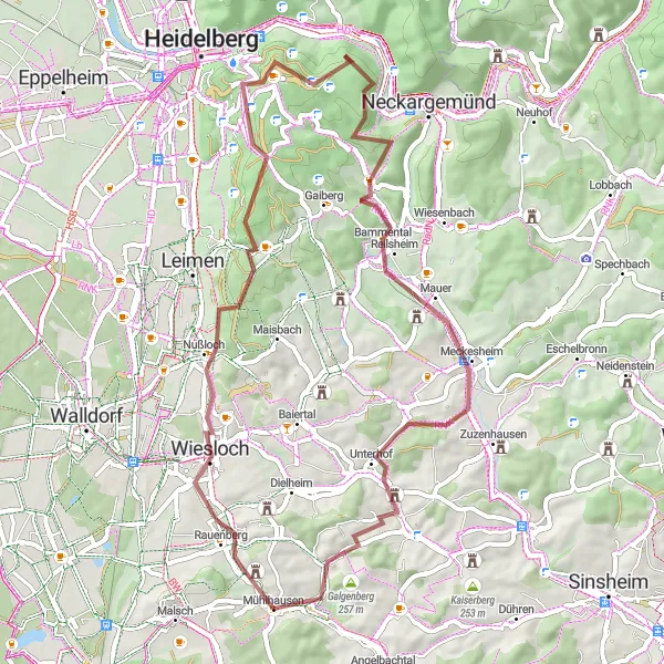 Map miniature of "Discovering the Gravel Trails" cycling inspiration in Karlsruhe, Germany. Generated by Tarmacs.app cycling route planner