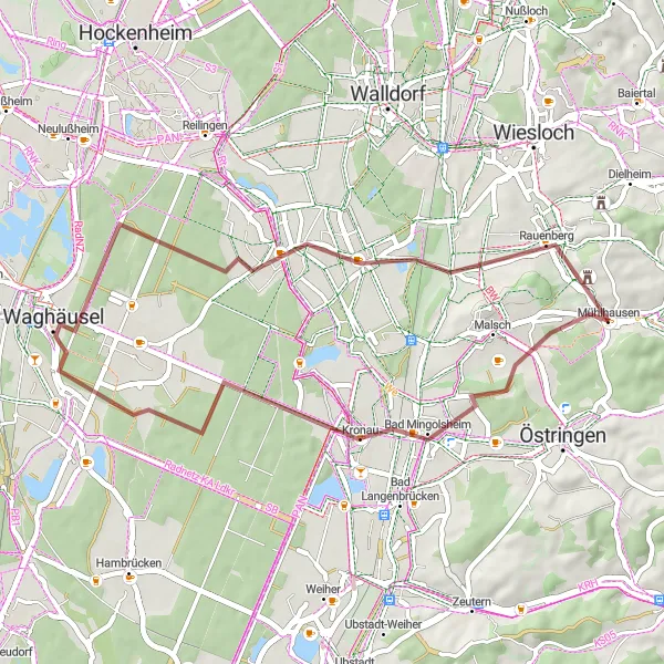 Map miniature of "Rural Scenery: A Short Gravel Route" cycling inspiration in Karlsruhe, Germany. Generated by Tarmacs.app cycling route planner