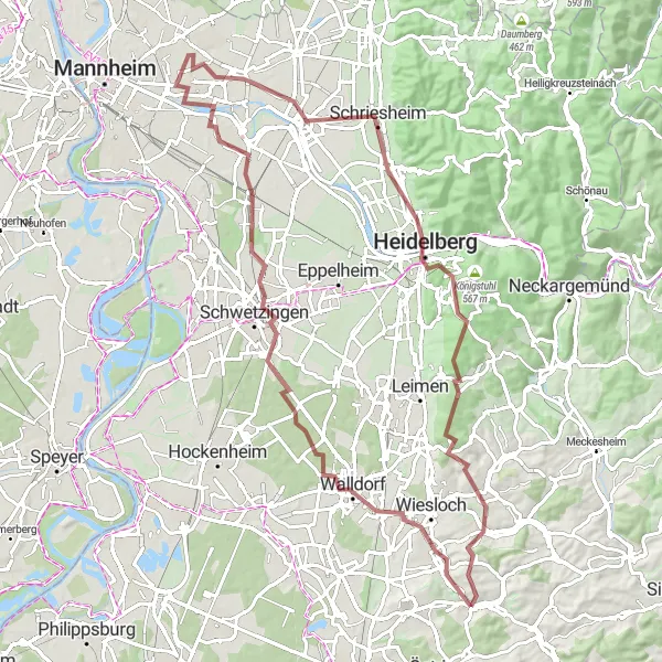 Map miniature of "Gravel Explore: Forests and Valleys" cycling inspiration in Karlsruhe, Germany. Generated by Tarmacs.app cycling route planner