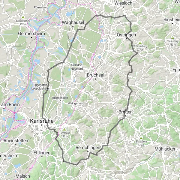 Map miniature of "Bergwald Explorer" cycling inspiration in Karlsruhe, Germany. Generated by Tarmacs.app cycling route planner