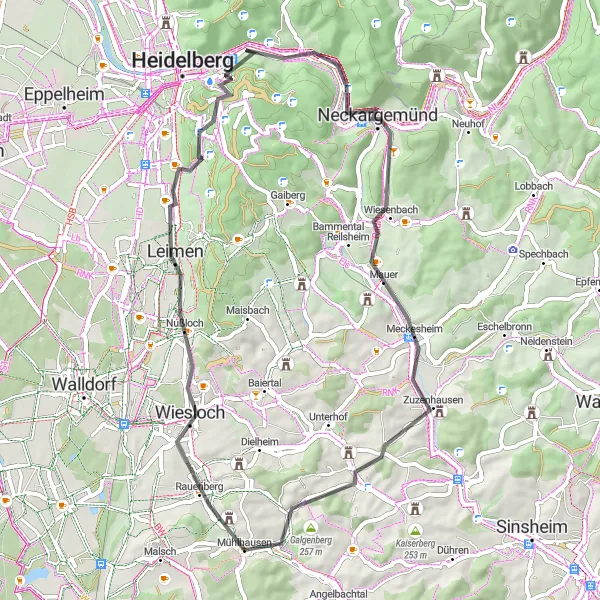 Map miniature of "The Hills of Mühlhausen" cycling inspiration in Karlsruhe, Germany. Generated by Tarmacs.app cycling route planner
