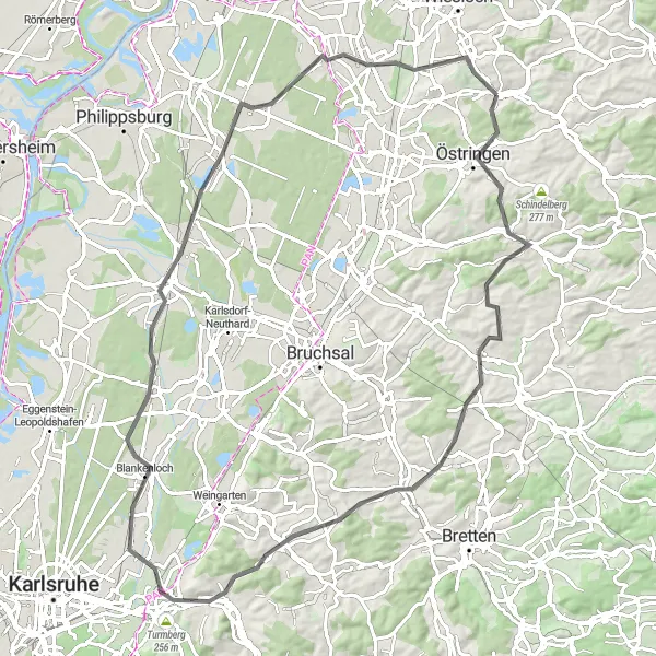 Map miniature of "The Challenge of Mühlhausen" cycling inspiration in Karlsruhe, Germany. Generated by Tarmacs.app cycling route planner