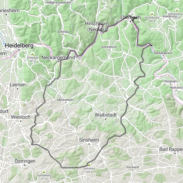 Map miniature of "Neckar Valley Adventure" cycling inspiration in Karlsruhe, Germany. Generated by Tarmacs.app cycling route planner