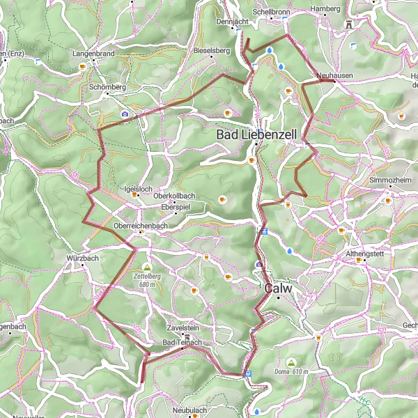 Karten-Miniaturansicht der Radinspiration "Gravel Loop über Zavelstein und Schaierhütte" in Karlsruhe, Germany. Erstellt vom Tarmacs.app-Routenplaner für Radtouren