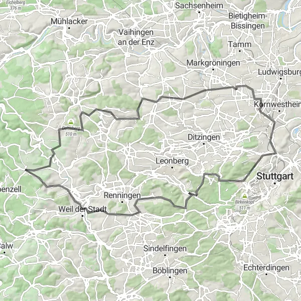 Karten-Miniaturansicht der Radinspiration "Road Schleife via Weissach und Killesbergturm" in Karlsruhe, Germany. Erstellt vom Tarmacs.app-Routenplaner für Radtouren