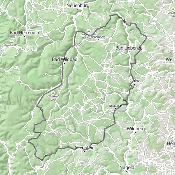 Karten-Miniaturansicht der Radinspiration "Herausfordernde Strecke ab Neuhausen über Bad Wildbad" in Karlsruhe, Germany. Erstellt vom Tarmacs.app-Routenplaner für Radtouren