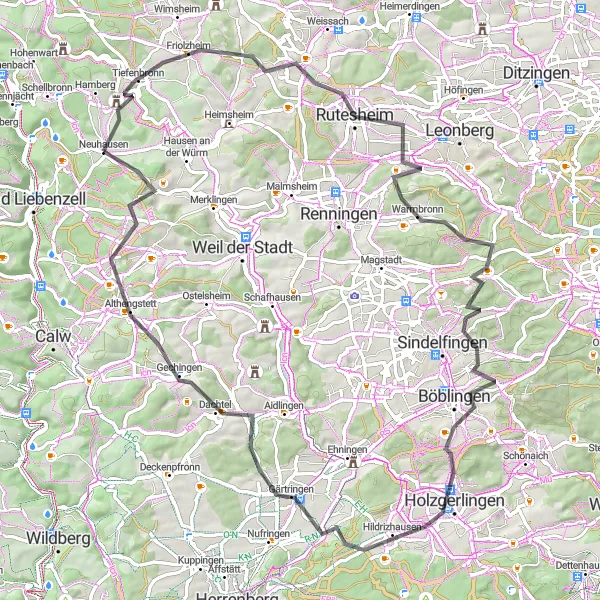 Karten-Miniaturansicht der Radinspiration "Rundtour ab Neuhausen über Böblingen und Gärtringen" in Karlsruhe, Germany. Erstellt vom Tarmacs.app-Routenplaner für Radtouren