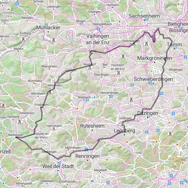 Karten-Miniaturansicht der Radinspiration "Road Tour durch Friolzheim und Leonberg" in Karlsruhe, Germany. Erstellt vom Tarmacs.app-Routenplaner für Radtouren