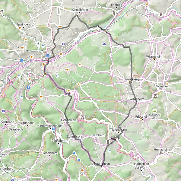 Karten-Miniaturansicht der Radinspiration "Road-Tour rund um Neuhausen" in Karlsruhe, Germany. Erstellt vom Tarmacs.app-Routenplaner für Radtouren